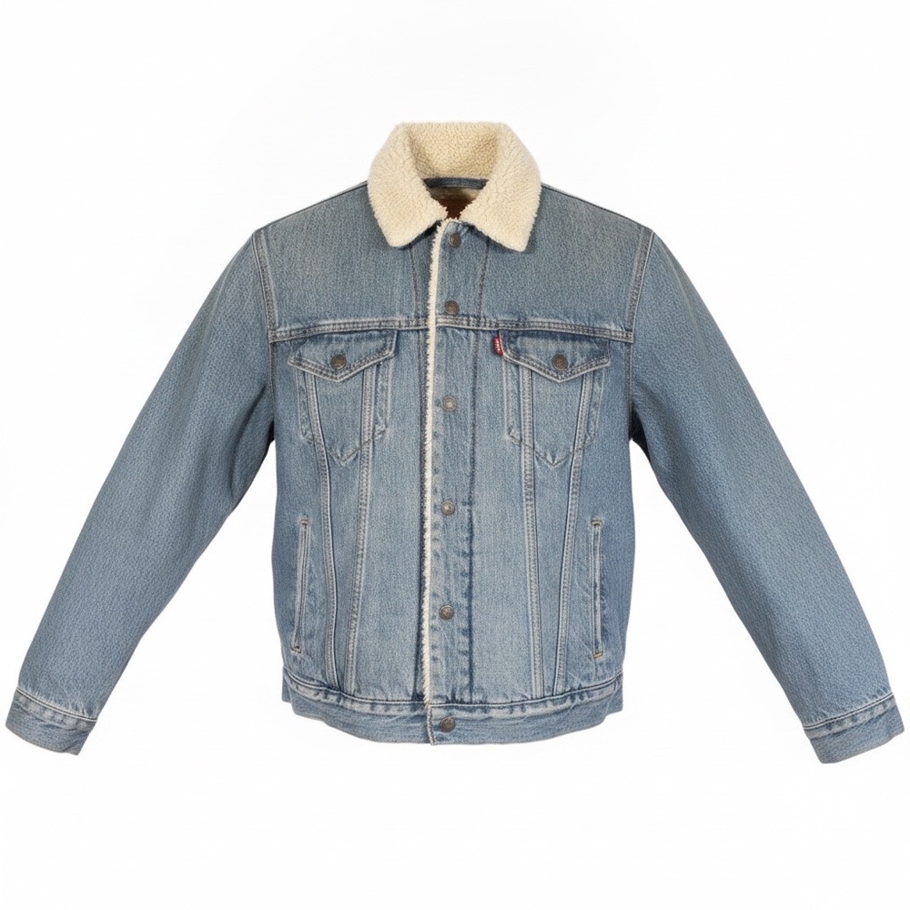 Levis Jacket Mens Medium Blue Sherpa Lined Denim Trucker Faux Fur Collar Western